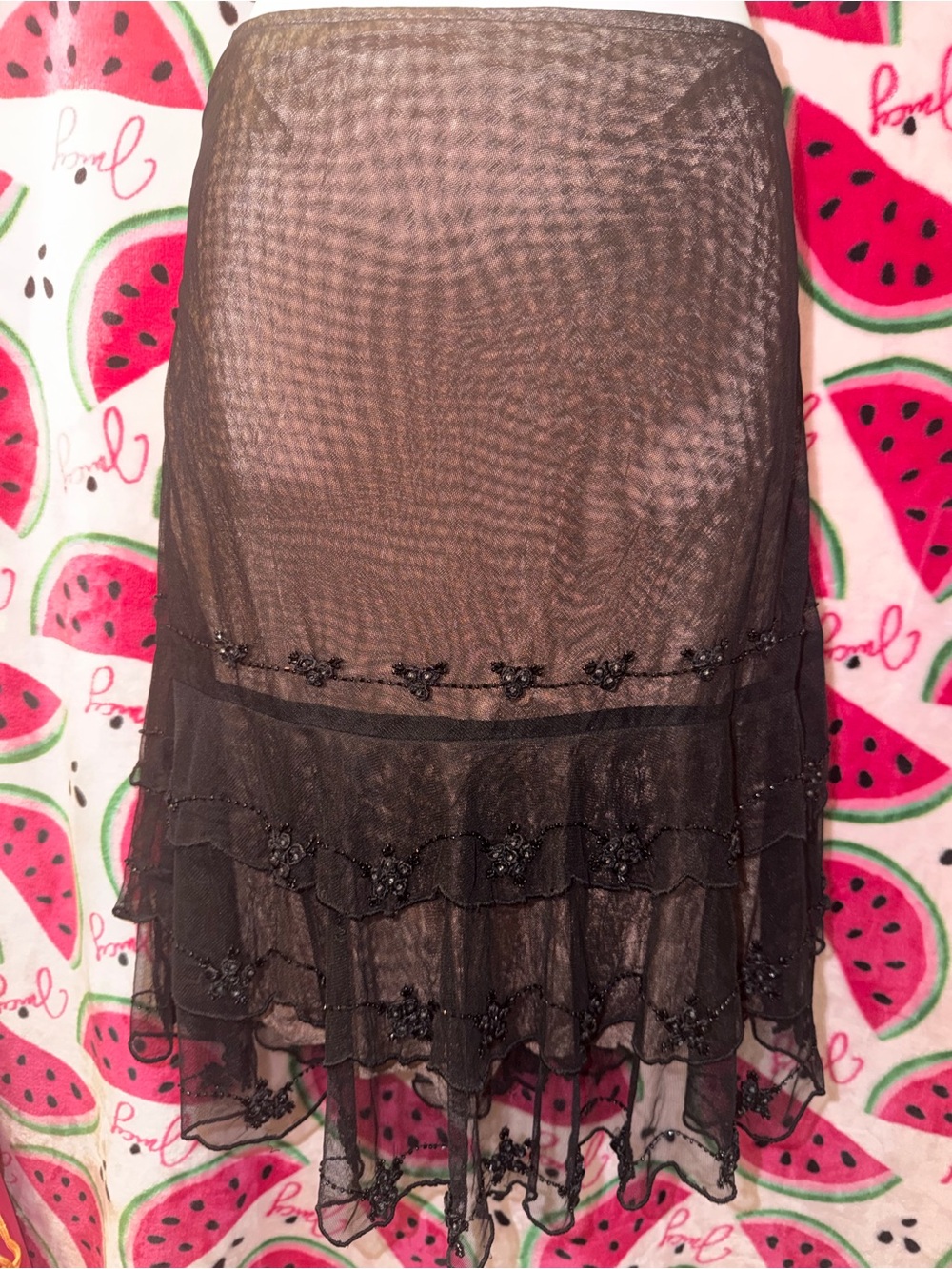 🖤 Vintage Tiered Floral Beaded Mesh Skirt
